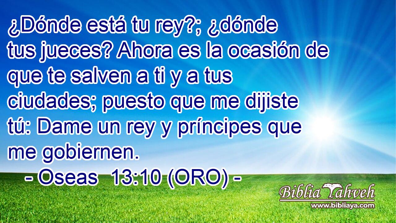  ¿Dónde está tu rey?; ¿dónde tus jueces? Ahora es la ocasión de que te salven a ti y a tus ciudades; puesto que me dijiste tú: Dame un rey y príncipes que me gobiernen. 