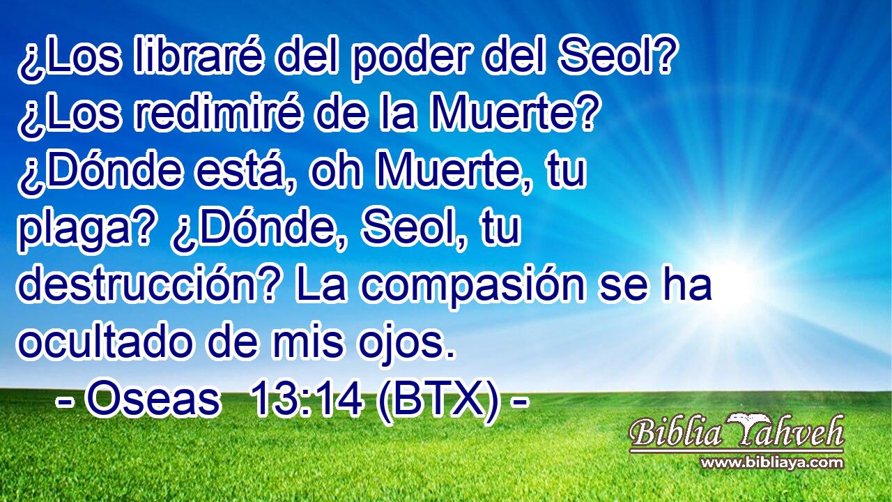 ¿Los libraré del poder del Seol? ¿Los redimiré de la Muerte? ¿Dónde está, oh Muerte, tu plaga? ¿Dónde, Seol, tu destrucción? La compasión se ha ocultado de mis ojos.