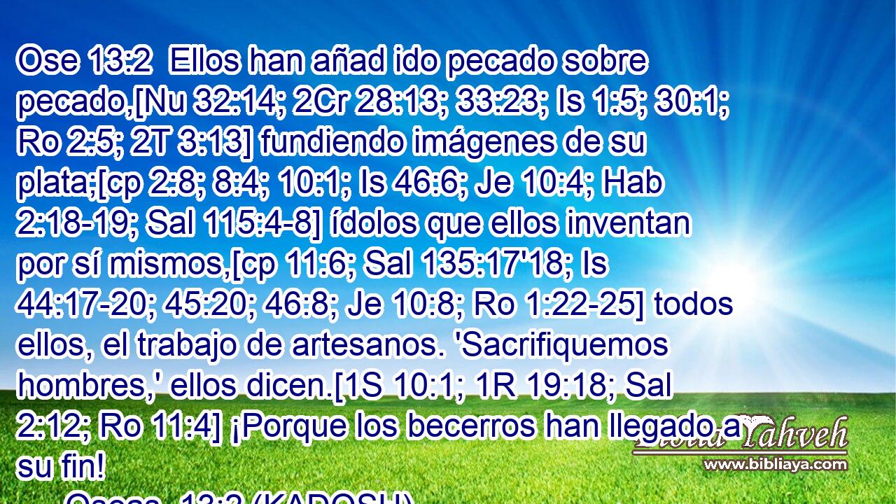  Ellos han añad ido pecado sobre pecado,[Nu 32:14; 2Cr 28:13; 33:23; Is 1:5; 30:1; Ro 2:5; 2T 3:13] fundiendo imágenes de su plata;[cp 2:8; 8:4; 10:1; Is 46:6; Je 10:4; Hab 2:18-19; Sal 115:4-8] ídolos que ellos inventan por sí mismos,[cp 11:6; Sal 135:17'18; Is 44:17-20; 45:20; 46:8; Je 10:8; Ro 1:22-25] todos ellos, el trabajo de artesanos. 'Sacrifiquemos hombres,' ellos dicen.[1S 10:1; 1R 19:18; Sal 2:12; Ro 11:4] ¡Porque los becerros han llegado a su fin! 