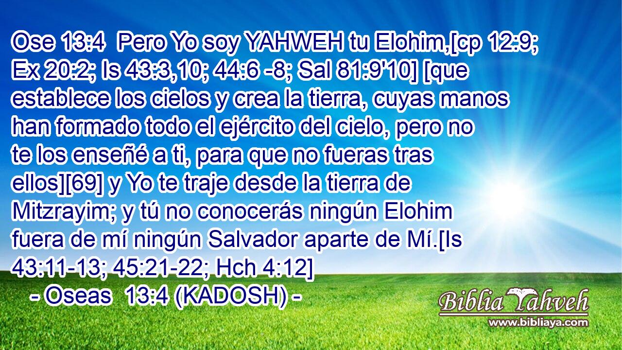  Pero Yo soy YAHWEH tu Elohim,[cp 12:9; Ex 20:2; Is 43:3,10; 44:6 -8; Sal 81:9'10] [que establece los cielos y crea la tierra, cuyas manos han formado todo el ejército del cielo, pero no te los enseñé a ti, para que no fueras tras ellos][69] y Yo te traje desde la tierra de Mitzrayim; y tú no conocerás ningún Elohim fuera de mí ningún Salvador aparte de Mí.[Is 43:11-13; 45:21-22; Hch 4:12] 