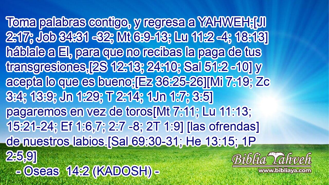  Toma palabras contigo, y regresa a YAHWEH;[Jl 2:17; Job 34:31 -32; Mt 6:9-13; Lu 11:2 -4; 18:13] háblale a El, para que no recibas la paga de tus transgresiones,[2S 12:13; 24:10; Sal 51:2 -10] y acepta lo que es bueno;[Ez 36:25-26][Mi 7:19; Zc 3:4; 13:9; Jn 1:29; T 2:14; 1Jn 1:7; 3:5] pagaremos en vez de toros[Mt 7:11; Lu 11:13; 15:21-24; Ef 1:6,7; 2:7 -8; 2T 1:9] [las ofrendas] de nuestros labios.[Sal 69:30-31; He 13:15; 1P 2:5,9] 