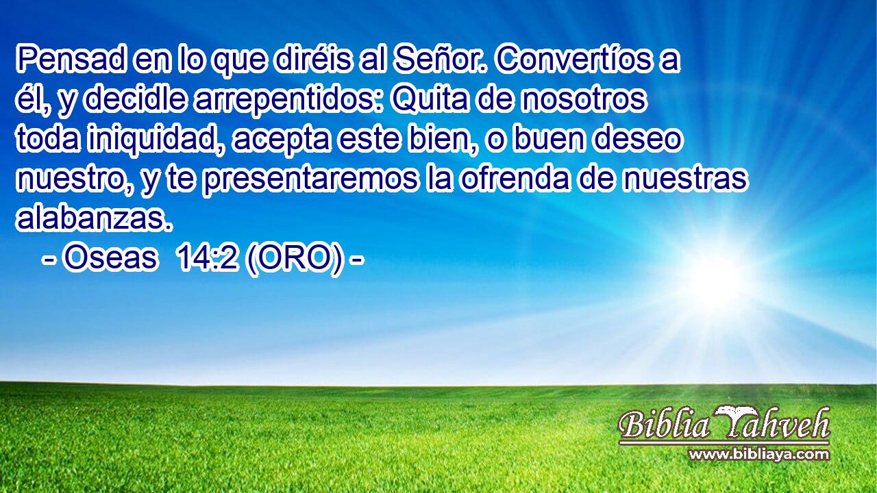  Pensad en lo que diréis al Señor. Convertíos a él, y decidle arrepentidos: Quita de nosotros toda iniquidad, acepta este bien, o buen deseo nuestro, y te presentaremos la ofrenda de nuestras alabanzas. 