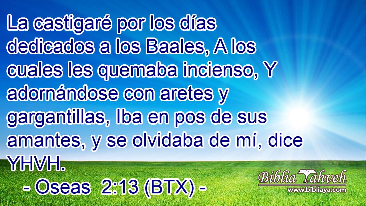 La castigaré por los días dedicados a los Baales, A los cuales les quemaba incienso, Y adornándose con aretes y gargantillas, Iba en pos de sus amantes, y se olvidaba de mí, dice YHVH.