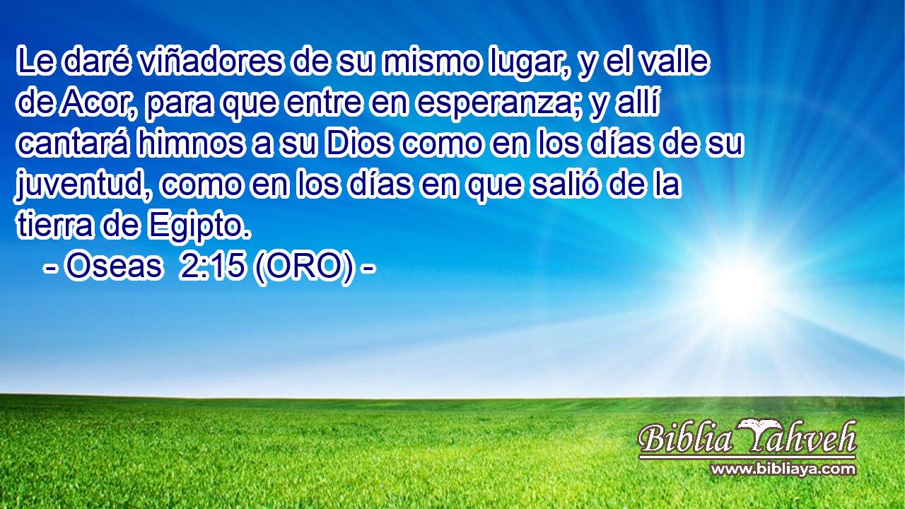  Le daré viñadores de su mismo lugar, y el valle de Acor, para que entre en esperanza; y allí cantará himnos a su Dios como en los días de su juventud, como en los días en que salió de la tierra de Egipto. 