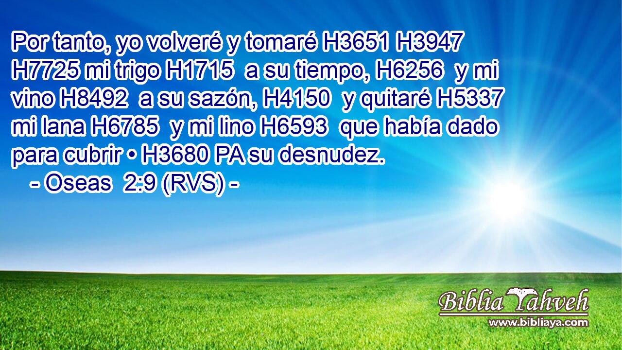 Por tanto, yo volveré y tomaré H3651 H3947  H7725 mi trigo H1715  a su tiempo, H6256  y mi vino H8492  a su sazón, H4150  y quitaré H5337  mi lana H6785  y mi lino H6593  que había dado para cubrir • H3680 PA su desnudez. 