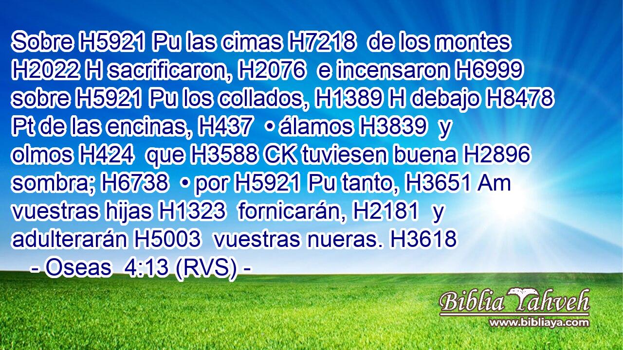 Sobre H5921 Pu las cimas H7218  de los montes H2022 H sacrificaron, H2076  e incensaron H6999  sobre H5921 Pu los collados, H1389 H debajo H8478 Pt de las encinas, H437  • álamos H3839  y olmos H424  que H3588 CK tuviesen buena H2896  sombra; H6738  • por H5921 Pu tanto, H3651 Am vuestras hijas H1323  fornicarán, H2181  y adulterarán H5003  vuestras nueras. H3618  