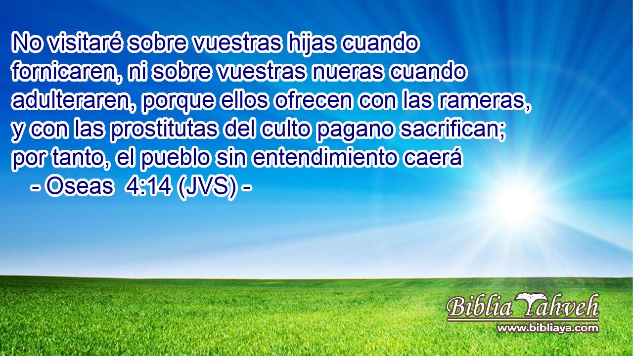 No visitaré sobre vuestras hijas cuando fornicaren, ni sobre vuestras nueras cuando adulteraren, porque ellos ofrecen con las rameras, y con las prostitutas del culto pagano sacrifican; por tanto, el pueblo sin entendimiento caerá