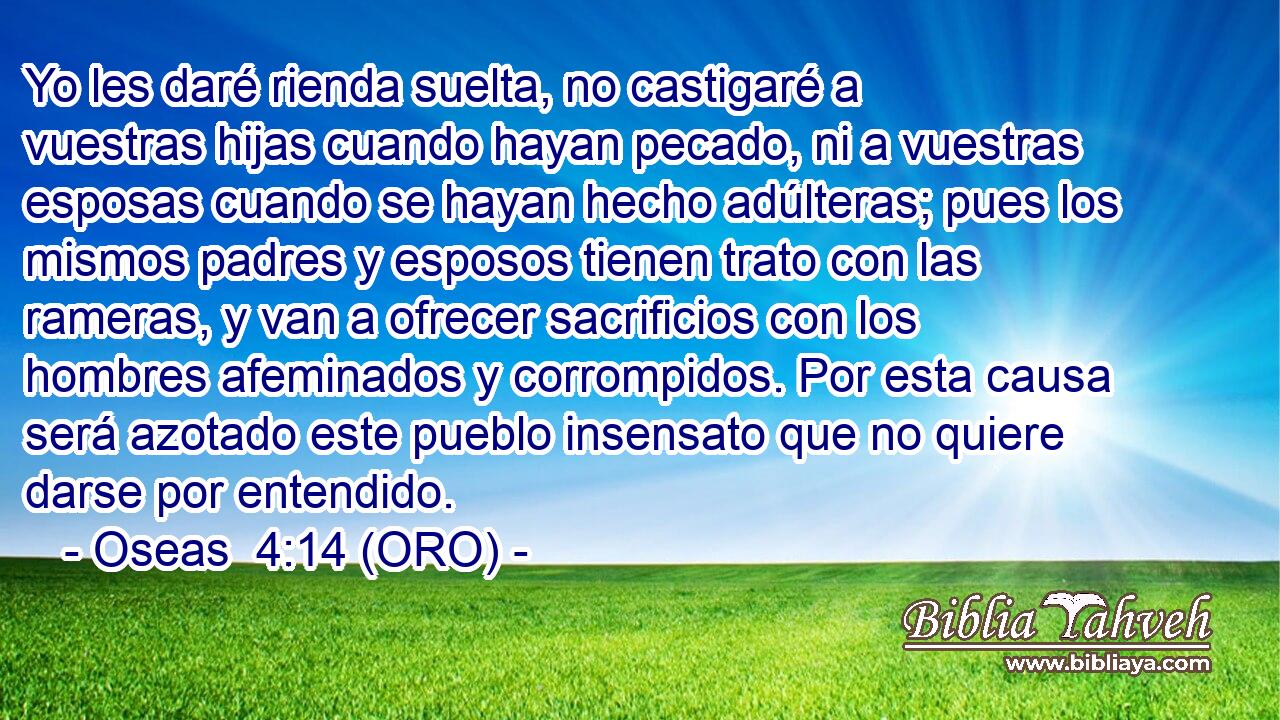  Yo les daré rienda suelta, no castigaré a vuestras hijas cuando hayan pecado, ni a vuestras esposas cuando se hayan hecho adúlteras; pues los mismos padres y esposos tienen trato con las rameras, y van a ofrecer sacrificios con los hombres afeminados y corrompidos. Por esta causa será azotado este pueblo insensato que no quiere darse por entendido. 