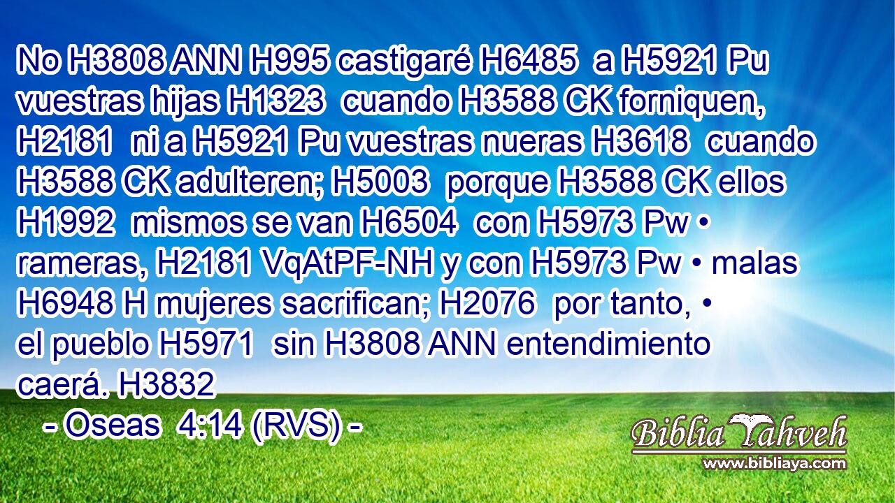 No H3808 ANN H995 castigaré H6485  a H5921 Pu vuestras hijas H1323  cuando H3588 CK forniquen, H2181  ni a H5921 Pu vuestras nueras H3618  cuando H3588 CK adulteren; H5003  porque H3588 CK ellos H1992  mismos se van H6504  con H5973 Pw • rameras, H2181 VqAtPF-NH y con H5973 Pw • malas H6948 H mujeres sacrifican; H2076  por tanto, • el pueblo H5971  sin H3808 ANN entendimiento caerá. H3832  