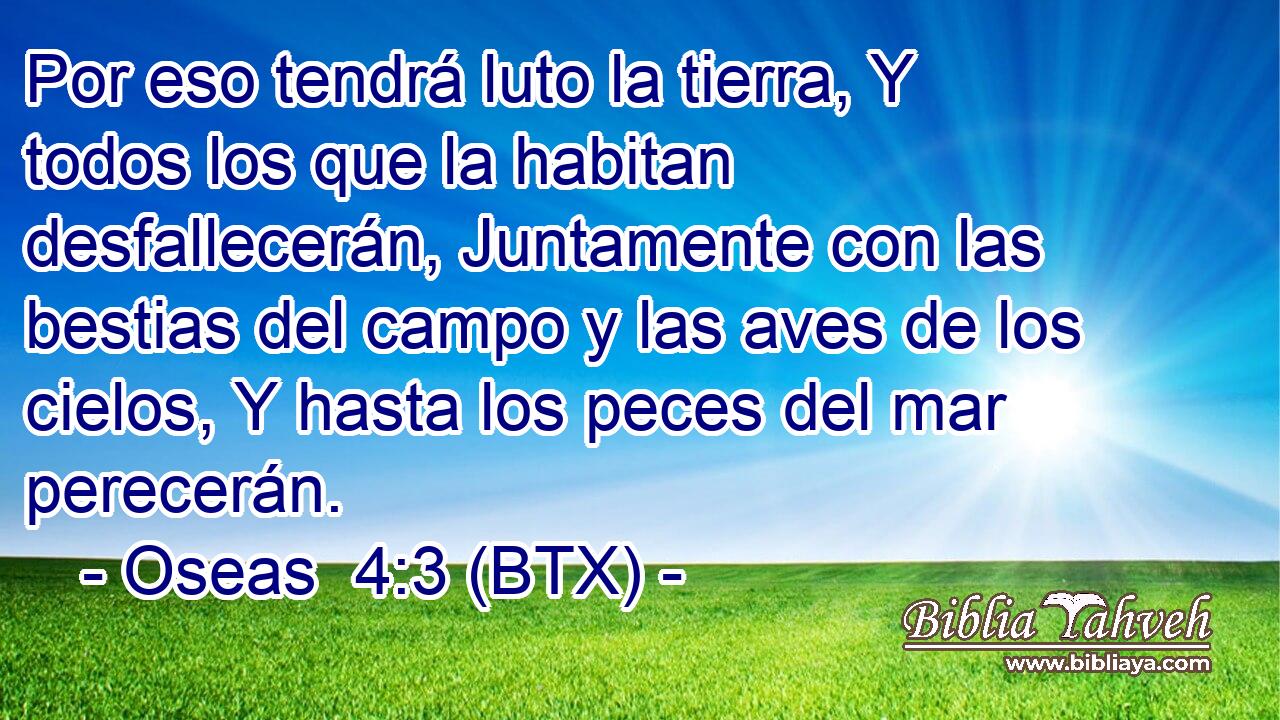 Por eso tendrá luto la tierra, Y todos los que la habitan desfallecerán, Juntamente con las bestias del campo y las aves de los cielos, Y hasta los peces del mar perecerán.