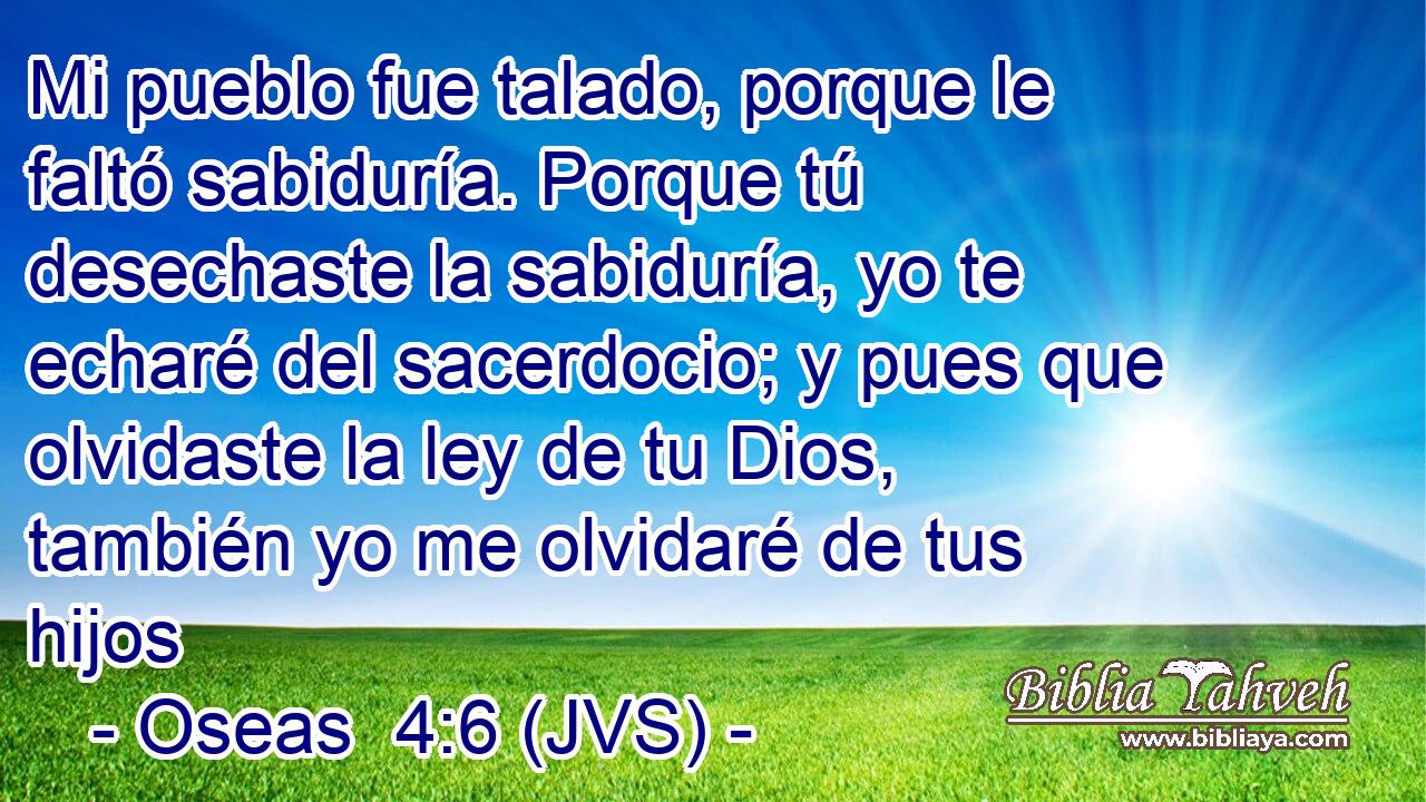 Mi pueblo fue talado, porque le faltó sabiduría. Porque tú desechaste la sabiduría, yo te echaré del sacerdocio; y pues que olvidaste la ley de tu Dios, también yo me olvidaré de tus hijos