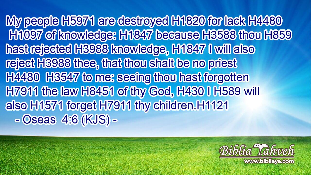 My people H5971 are destroyed H1820 for lack H4480  H1097 of knowledge: H1847 because H3588 thou H859 hast rejected H3988 knowledge, H1847 I will also reject H3988 thee, that thou shalt be no priest H4480  H3547 to me: seeing thou hast forgotten H7911 the law H8451 of thy God, H430 I H589 will also H1571 forget H7911 thy children.H1121