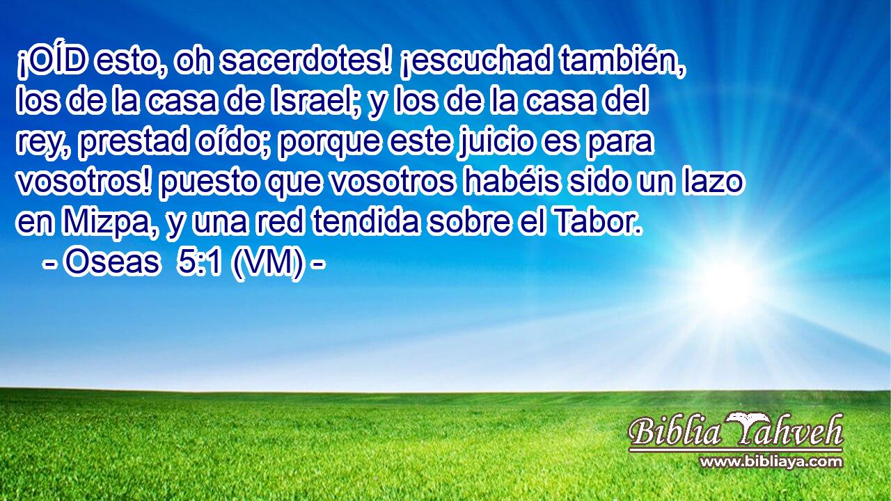  ¡OÍD esto, oh sacerdotes! ¡escuchad también, los de la casa de Israel; y los de la casa del rey, prestad oído; porque este juicio es para vosotros! puesto que vosotros habéis sido un lazo en Mizpa, y una red tendida sobre el Tabor. 