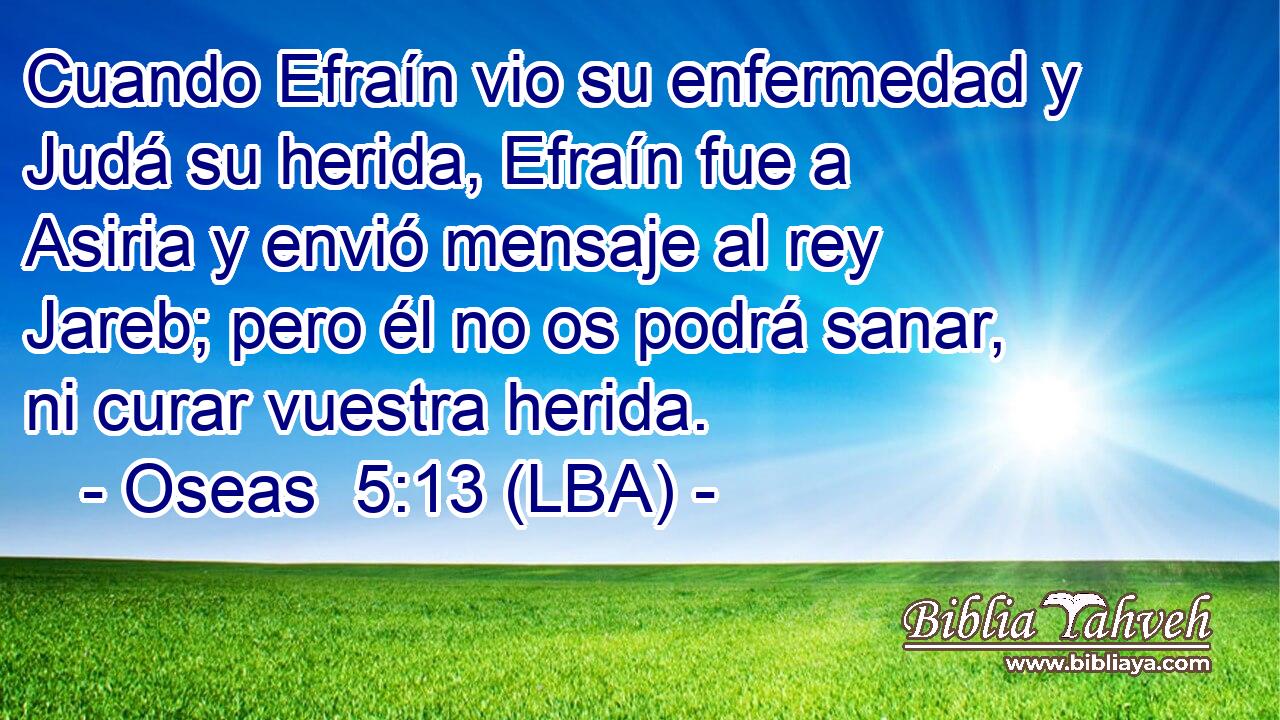 Cuando Efraín vio su enfermedad y Judá su herida, Efraín fue a Asiria y envió mensaje al rey Jareb; pero él no os podrá sanar, ni curar vuestra herida.