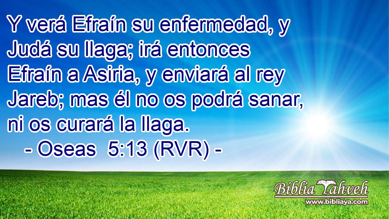 Y verá Efraín su enfermedad, y Judá su llaga; irá entonces Efraín a Asiria, y enviará al rey Jareb; mas él no os podrá sanar, ni os curará la llaga.