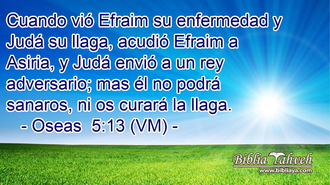  Cuando vió Efraim su enfermedad y Judá su llaga, acudió Efraim a Asiria, y Judá envió a un rey adversario; mas él no podrá sanaros, ni os curará la llaga. 