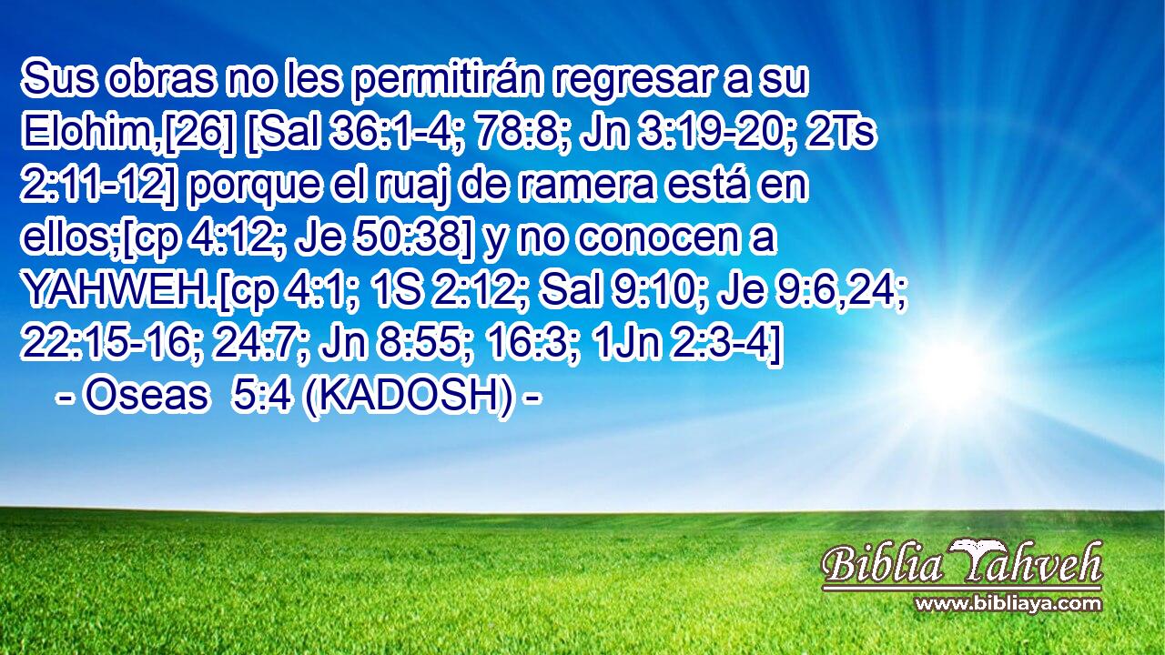  Sus obras no les permitirán regresar a su Elohim,[26] [Sal 36:1-4; 78:8; Jn 3:19-20; 2Ts 2:11-12] porque el ruaj de ramera está en ellos;[cp 4:12; Je 50:38] y no conocen a YAHWEH.[cp 4:1; 1S 2:12; Sal 9:10; Je 9:6,24; 22:15-16; 24:7; Jn 8:55; 16:3; 1Jn 2:3-4] 