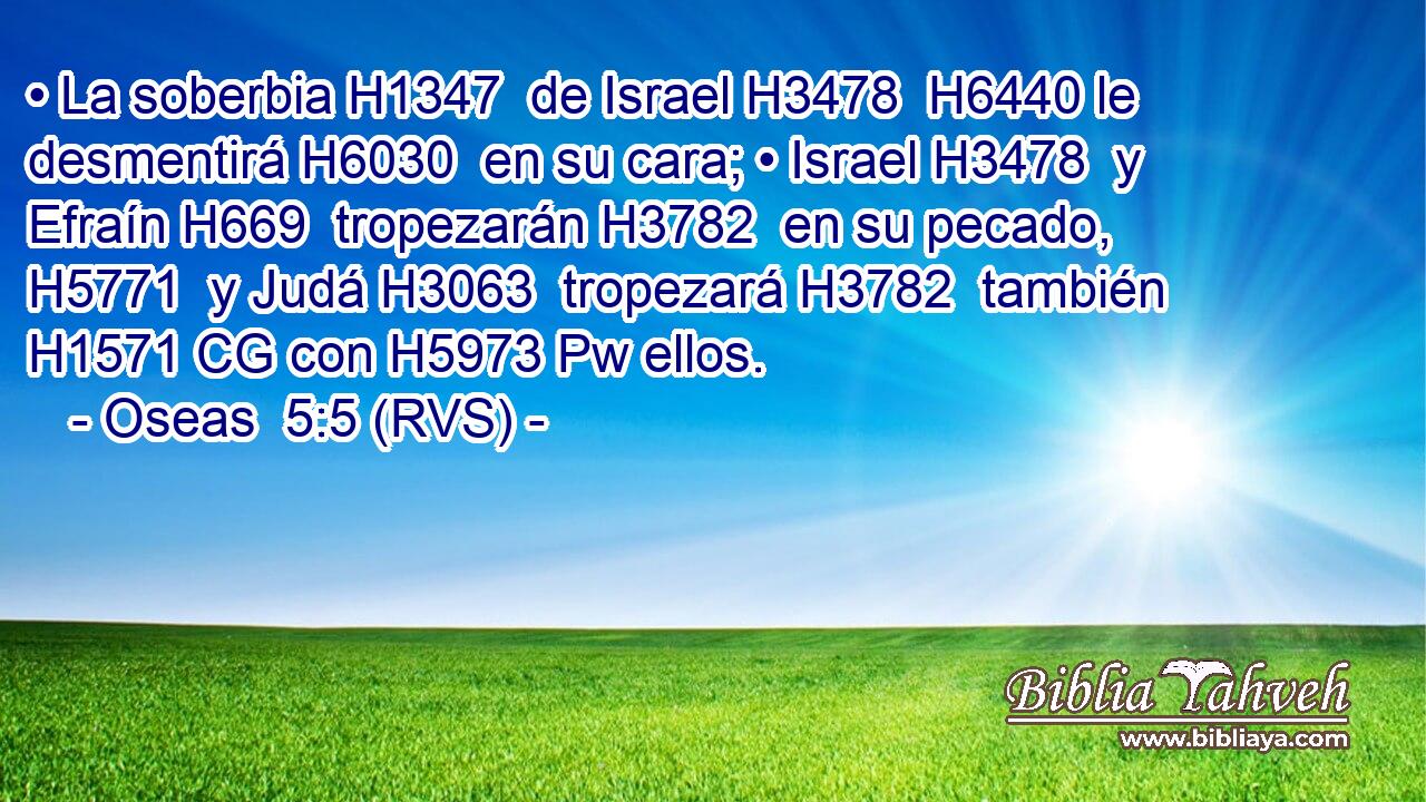• La soberbia H1347  de Israel H3478  H6440 le desmentirá H6030  en su cara; • Israel H3478  y Efraín H669  tropezarán H3782  en su pecado, H5771  y Judá H3063  tropezará H3782  también H1571 CG con H5973 Pw ellos. 