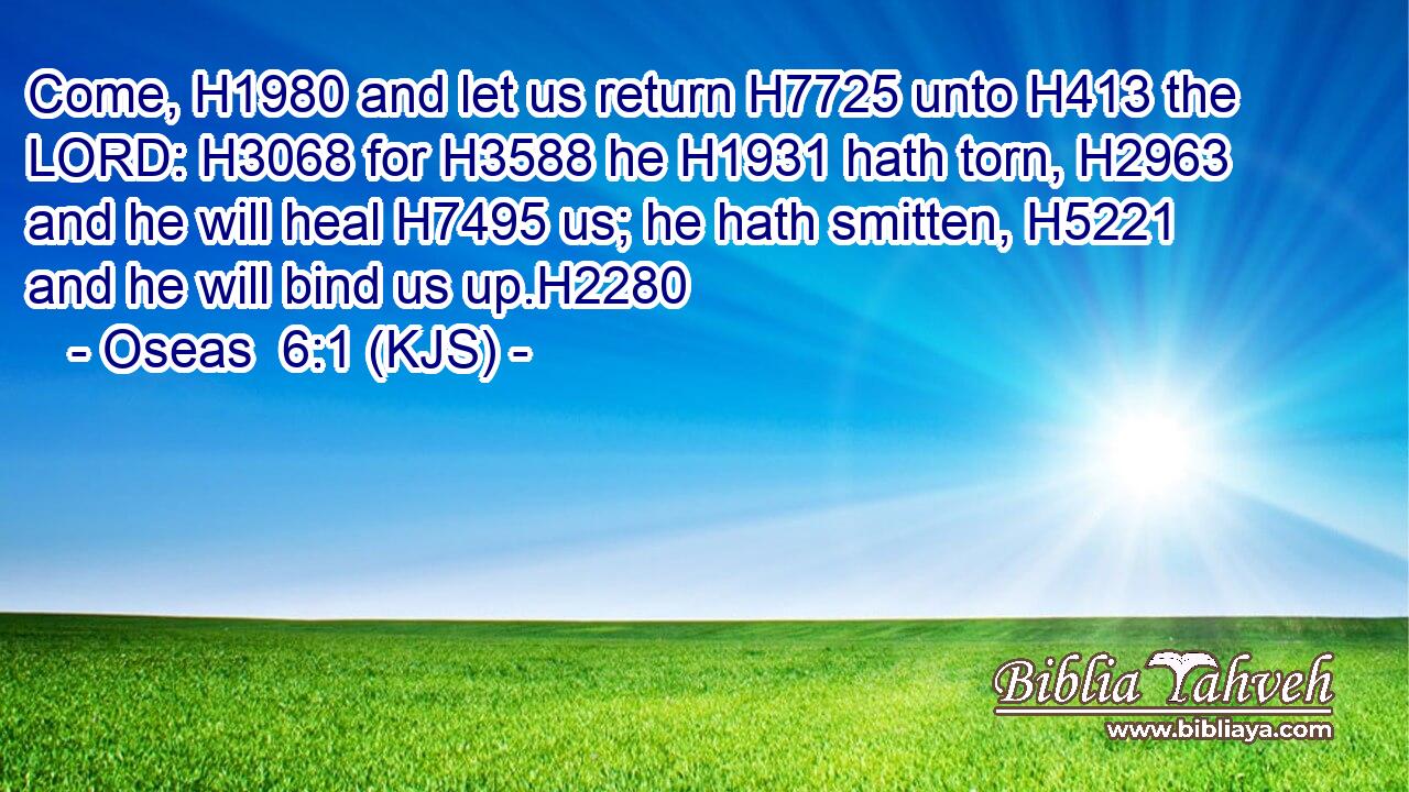 Come, H1980 and let us return H7725 unto H413 the LORD: H3068 for H3588 he H1931 hath torn, H2963 and he will heal H7495 us; he hath smitten, H5221 and he will bind us up.H2280