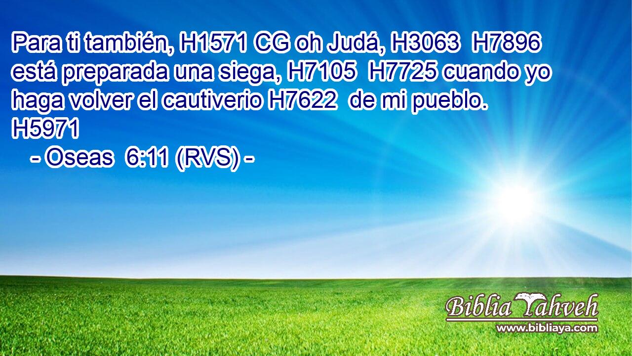 Para ti también, H1571 CG oh Judá, H3063  H7896 está preparada una siega, H7105  H7725 cuando yo haga volver el cautiverio H7622  de mi pueblo. H5971  