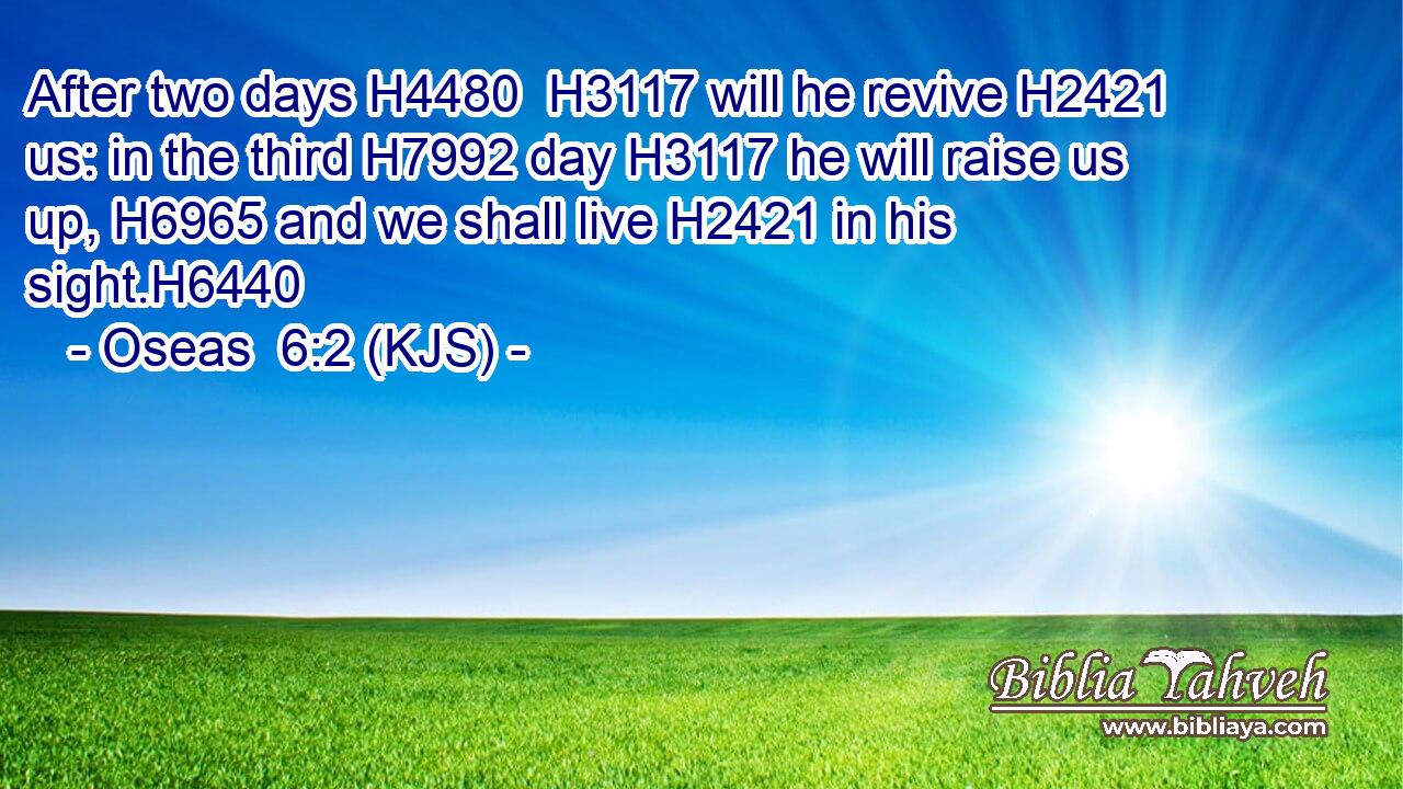 After two days H4480  H3117 will he revive H2421 us: in the third H7992 day H3117 he will raise us up, H6965 and we shall live H2421 in his sight.H6440