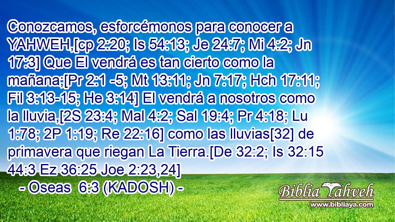  Conozcamos, esforcémonos para conocer a YAHWEH,[cp 2:20; Is 54:13; Je 24:7; Mi 4:2; Jn 17:3] Que El vendrá es tan cierto como la mañana;[Pr 2:1 -5; Mt 13:11; Jn 7:17; Hch 17:11; Fil 3:13-15; He 3:14] El vendrá a nosotros como la lluvia,[2S 23:4; Mal 4:2; Sal 19:4; Pr 4:18; Lu 1:78; 2P 1:19; Re 22:16] como las lluvias[32] de primavera que riegan La Tierra.[De 32:2; Is 32:15 44:3 Ez 36:25 Joe 2:23,24] 