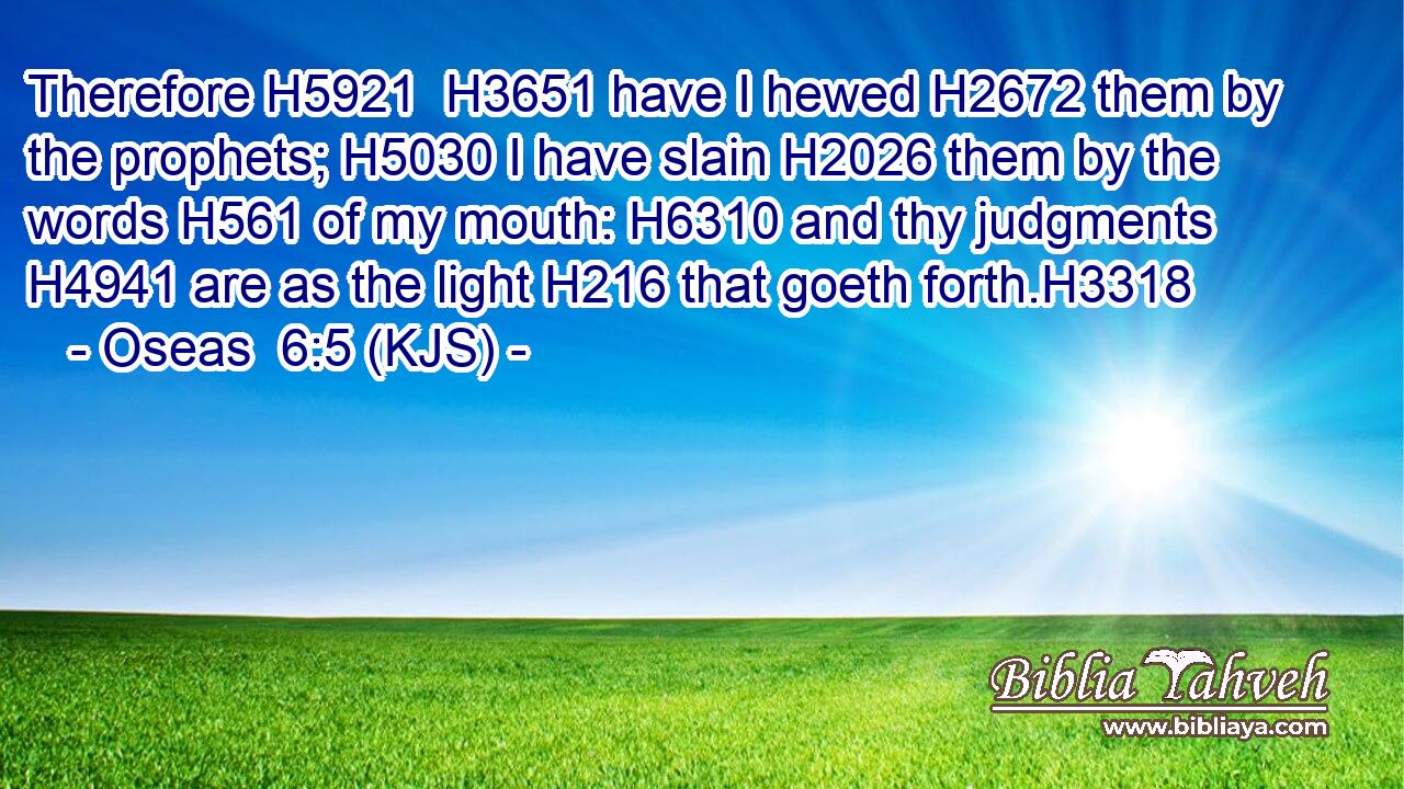 Therefore H5921  H3651 have I hewed H2672 them by the prophets; H5030 I have slain H2026 them by the words H561 of my mouth: H6310 and thy judgments H4941 are as the light H216 that goeth forth.H3318