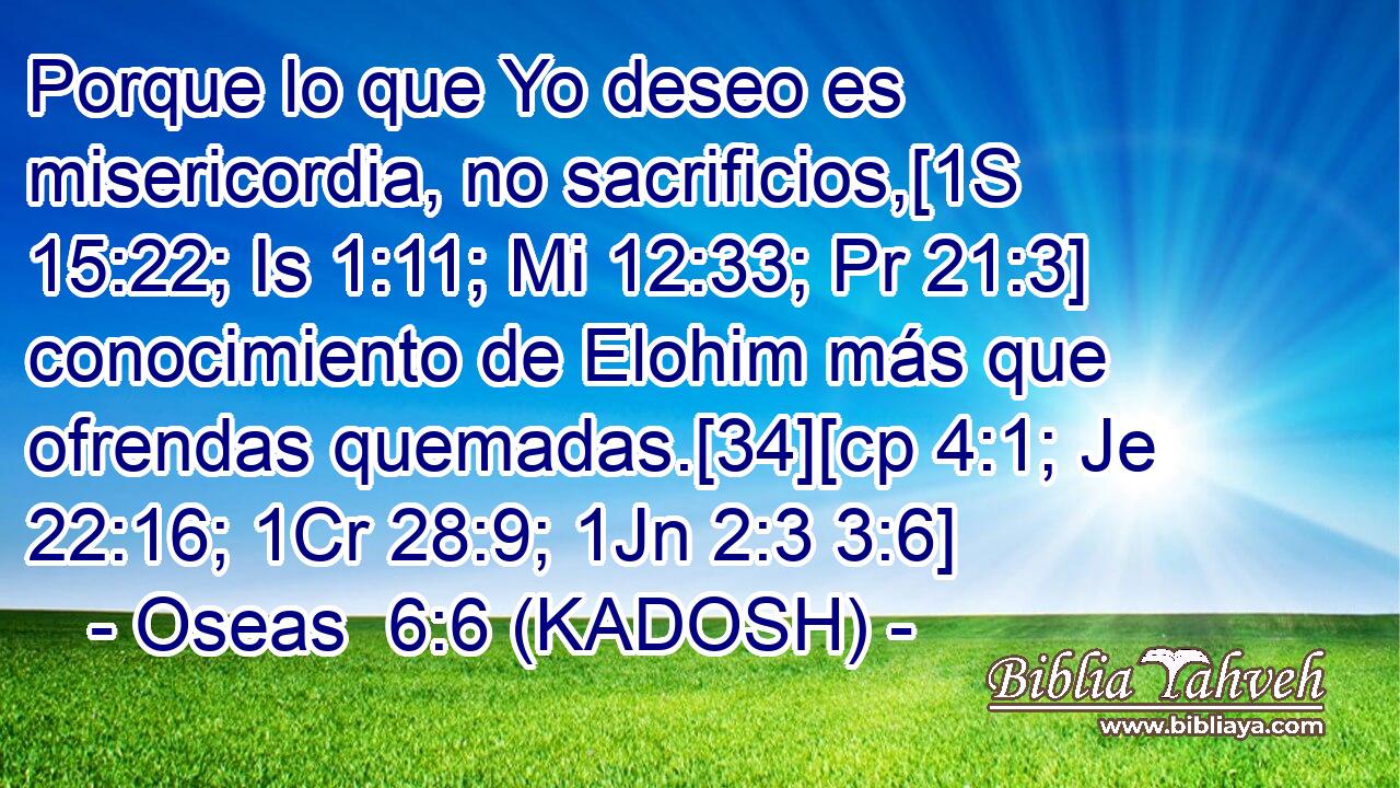  Porque lo que Yo deseo es misericordia, no sacrificios,[1S 15:22; Is 1:11; Mi 12:33; Pr 21:3] conocimiento de Elohim más que ofrendas quemadas.[34][cp 4:1; Je 22:16; 1Cr 28:9; 1Jn 2:3 3:6] 