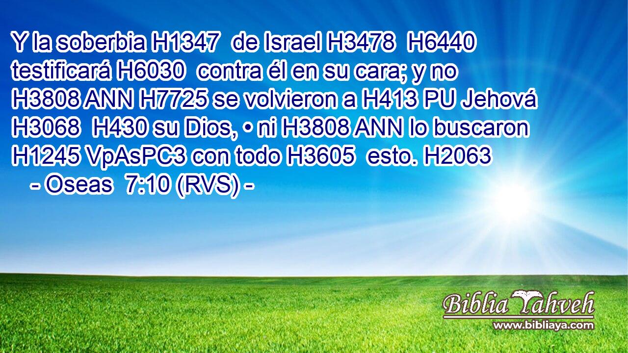 Y la soberbia H1347  de Israel H3478  H6440 testificará H6030  contra él en su cara; y no H3808 ANN H7725 se volvieron a H413 PU Jehová H3068  H430 su Dios, • ni H3808 ANN lo buscaron H1245 VpAsPC3 con todo H3605  esto. H2063  
