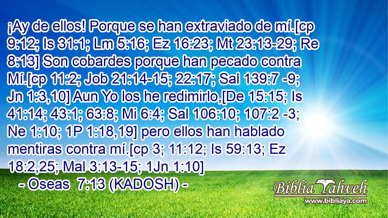 ¡Ay de ellos! Porque se han extraviado de mí.[cp 9:12; Is 31:1; Lm 5:16; Ez 16:23; Mt 23:13-29; Re 8:13] Son cobardes porque han pecado contra Mí.[cp 11:2; Job 21:14-15; 22:17; Sal 139:7 -9; Jn 1:3,10] Aun Yo los he redimirlo,[De 15:15; Is 41:14; 43:1; 63:8; Mi 6:4; Sal 106:10; 107:2 -3; Ne 1:10; 1P 1:18,19] pero ellos han hablado mentiras contra mí.[cp 3; 11:12; Is 59:13; Ez 18:2,25; Mal 3:13-15; 1Jn 1:10] 