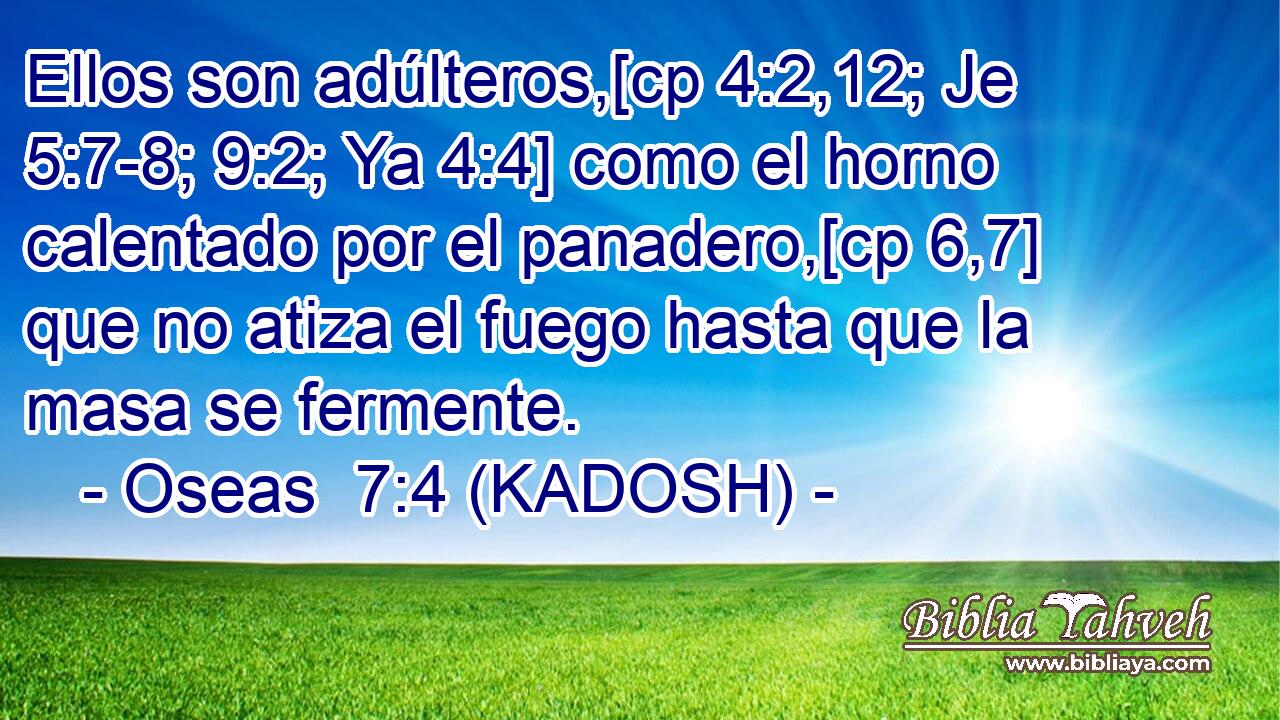 Ellos son adúlteros,[cp 4:2,12; Je 5:7-8; 9:2; Ya 4:4] como el horno calentado por el panadero,[cp 6,7] que no atiza el fuego hasta que la masa se fermente. 