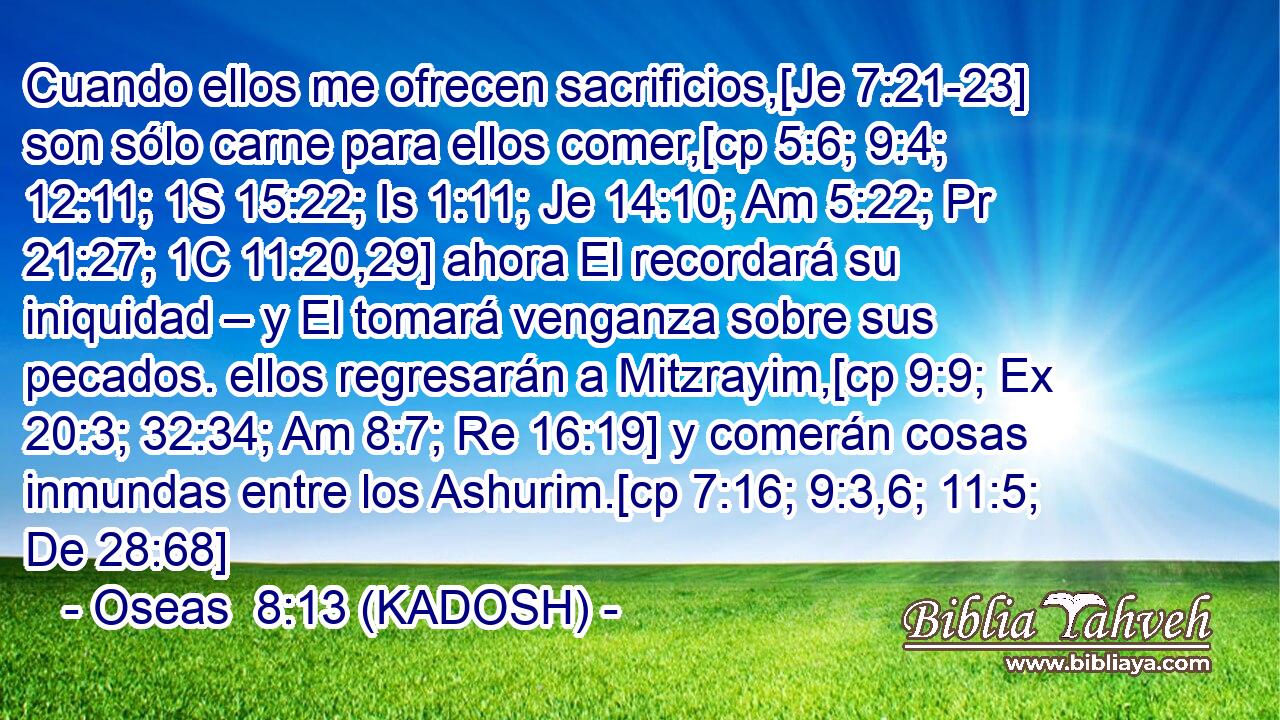  Cuando ellos me ofrecen sacrificios,[Je 7:21-23] son sólo carne para ellos comer,[cp 5:6; 9:4; 12:11; 1S 15:22; Is 1:11; Je 14:10; Am 5:22; Pr 21:27; 1C 11:20,29] ahora El recordará su iniquidad – y El tomará venganza sobre sus pecados. ellos regresarán a Mitzrayim,[cp 9:9; Ex 20:3; 32:34; Am 8:7; Re 16:19] y comerán cosas inmundas entre los Ashurim.[cp 7:16; 9:3,6; 11:5; De 28:68] 