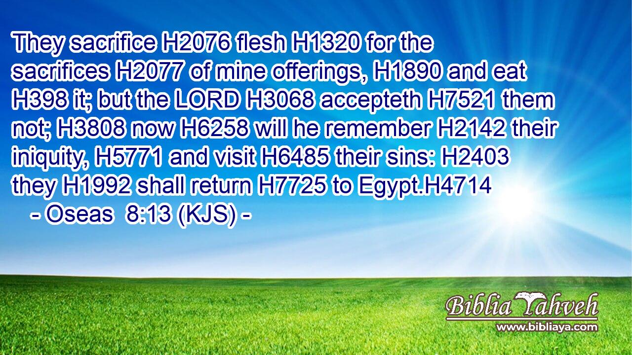 They sacrifice H2076 flesh H1320 for the sacrifices H2077 of mine offerings, H1890 and eat H398 it; but the LORD H3068 accepteth H7521 them not; H3808 now H6258 will he remember H2142 their iniquity, H5771 and visit H6485 their sins: H2403 they H1992 shall return H7725 to Egypt.H4714