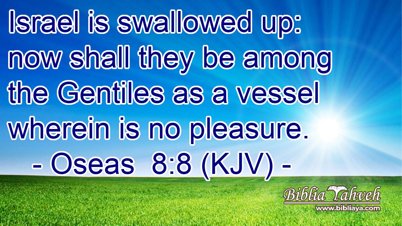 Israel is swallowed up: now shall they be among the Gentiles as a vessel wherein is no pleasure.