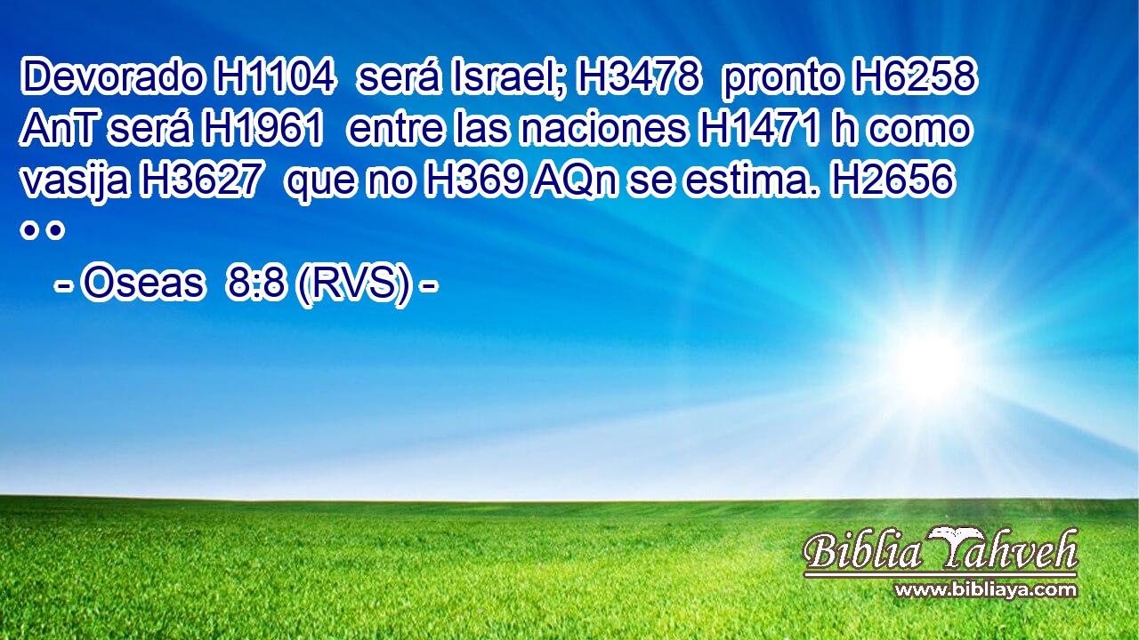 Devorado H1104  será Israel; H3478  pronto H6258 AnT será H1961  entre las naciones H1471 h como vasija H3627  que no H369 AQn se estima. H2656  • • 