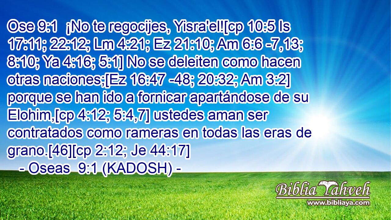  ¡No te regocijes, Yisra'el![cp 10:5 Is 17:11; 22:12; Lm 4:21; Ez 21:10; Am 6:6 -7,13; 8:10; Ya 4:16; 5:1] No se deleiten como hacen otras naciones;[Ez 16:47 -48; 20:32; Am 3:2] porque se han ido a fornicar apartándose de su Elohim,[cp 4:12; 5:4,7] ustedes aman ser contratados como rameras en todas las eras de grano.[46][cp 2:12; Je 44:17] 