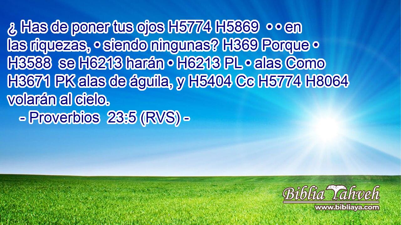 ¿ Has de poner tus ojos H5774 H5869  • • en las riquezas, • siendo ningunas? H369 Porque • H3588  se H6213 harán • H6213 PL • alas Como H3671 PK alas de águila, y H5404 Cc H5774 H8064 volarán al cielo. 