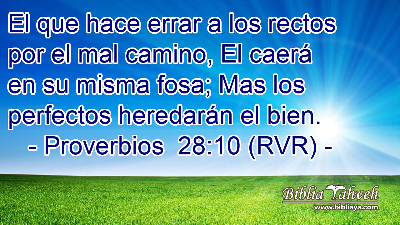 El que hace errar a los rectos por el mal camino, El caerá en su misma fosa; Mas los perfectos heredarán el bien.