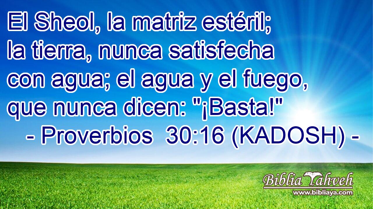  El Sheol, la matriz estéril; la tierra, nunca satisfecha con agua; el agua y el fuego, que nunca dicen: 