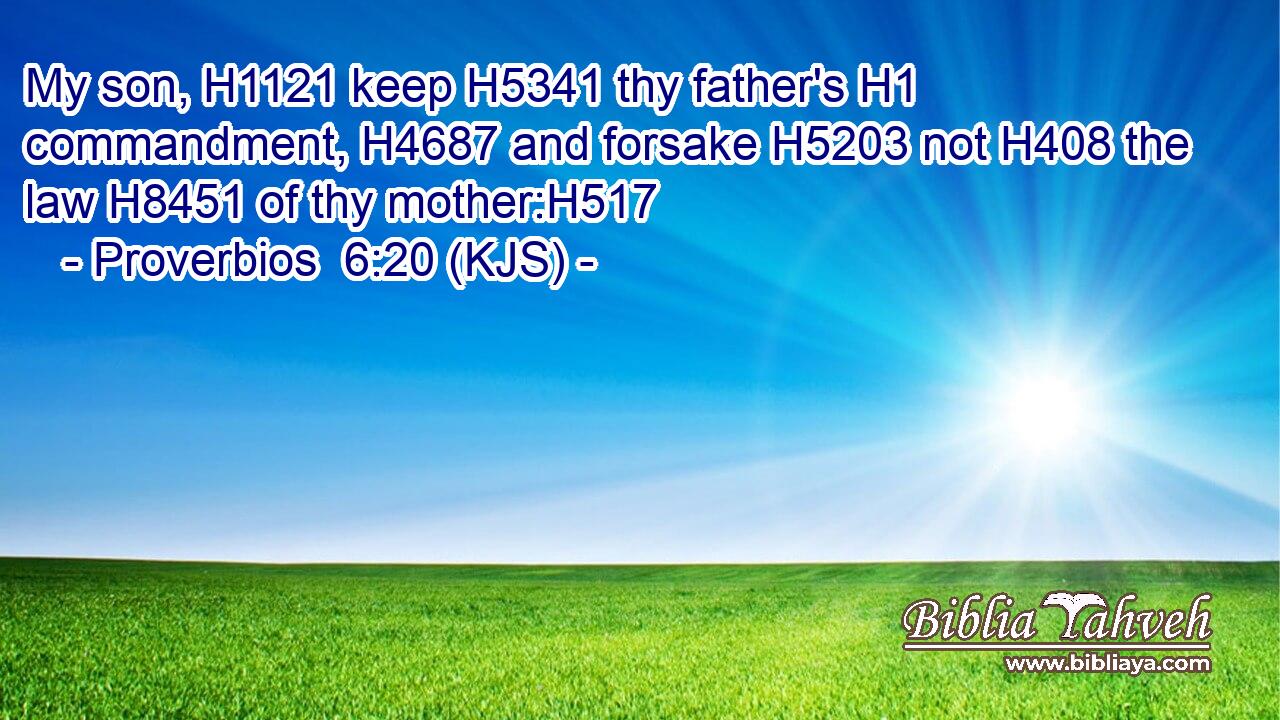My son, H1121 keep H5341 thy father's H1 commandment, H4687 and forsake H5203 not H408 the law H8451 of thy mother:H517