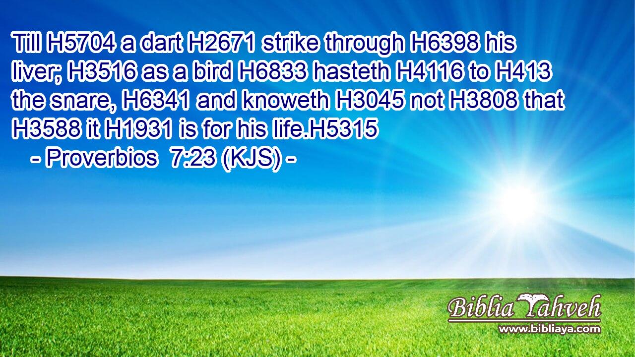 Till H5704 a dart H2671 strike through H6398 his liver; H3516 as a bird H6833 hasteth H4116 to H413 the snare, H6341 and knoweth H3045 not H3808 that H3588 it H1931 is for his life.H5315