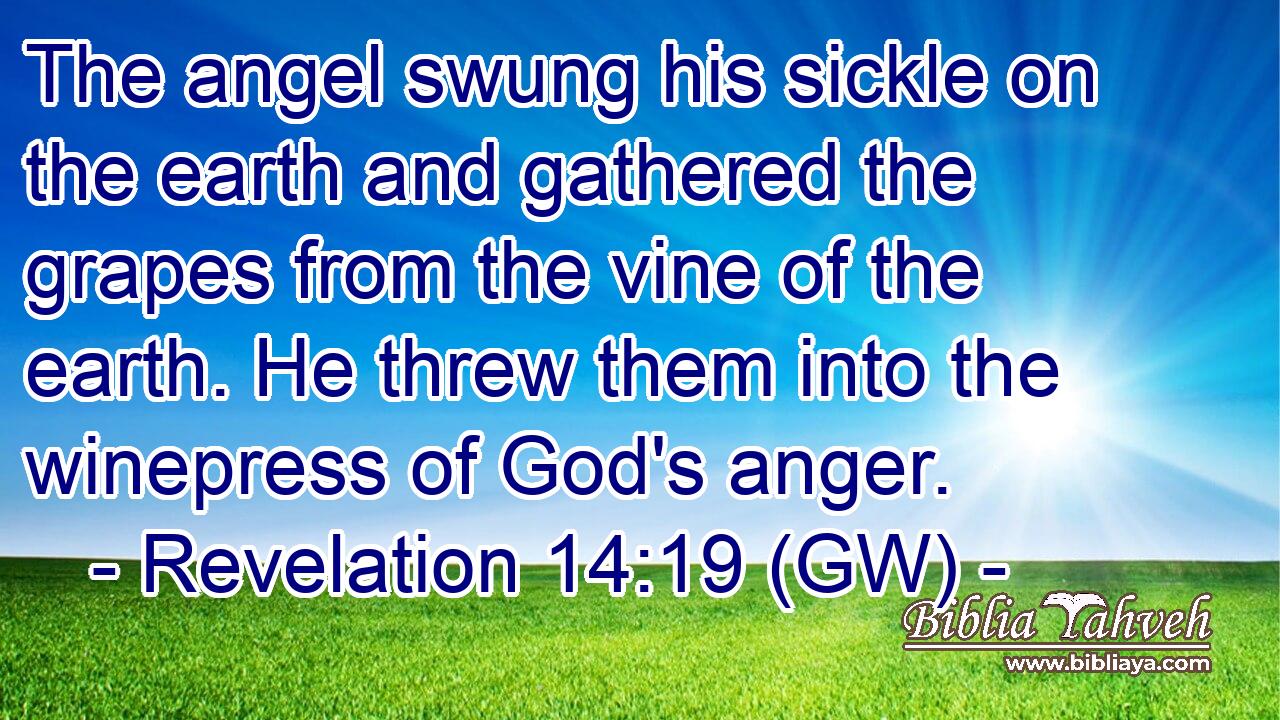  The angel swung his sickle on the earth and gathered the grapes from the vine of the earth. He threw them into the winepress of God's anger.