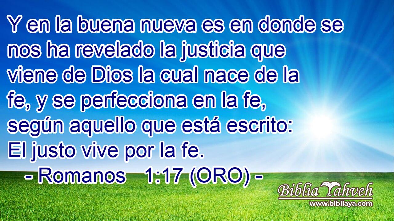  Y en la buena nueva es en donde se nos ha revelado la justicia que viene de Dios la cual nace de la fe, y se perfecciona en la fe, según aquello que está escrito: El justo vive por la fe. 
