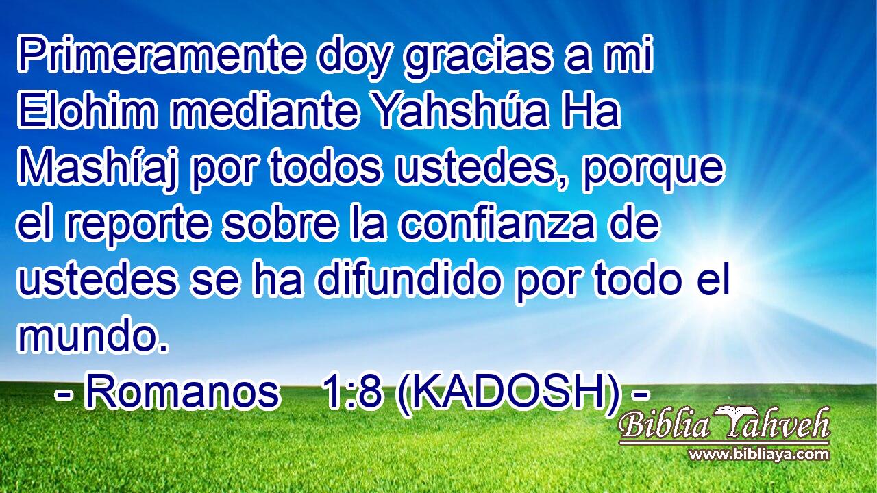  Primeramente doy gracias a mi Elohim mediante Yahshúa Ha Mashíaj por todos ustedes, porque el reporte sobre la confianza de ustedes se ha difundido por todo el mundo. 