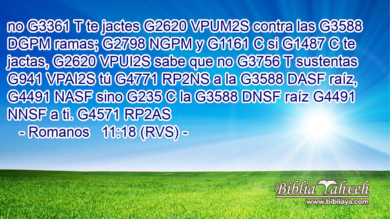 no G3361 T te jactes G2620 VPUM2S contra las G3588 DGPM ramas; G2798 NGPM y G1161 C si G1487 C te jactas, G2620 VPUI2S sabe que no G3756 T sustentas G941 VPAI2S tú G4771 RP2NS a la G3588 DASF raíz, G4491 NASF sino G235 C la G3588 DNSF raíz G4491 NNSF a ti. G4571 RP2AS 