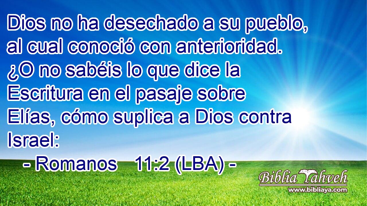 Dios no ha desechado a su pueblo, al cual conoció con anterioridad. ¿O no sabéis lo que dice la Escritura en el pasaje sobre Elías, cómo suplica a Dios contra Israel: