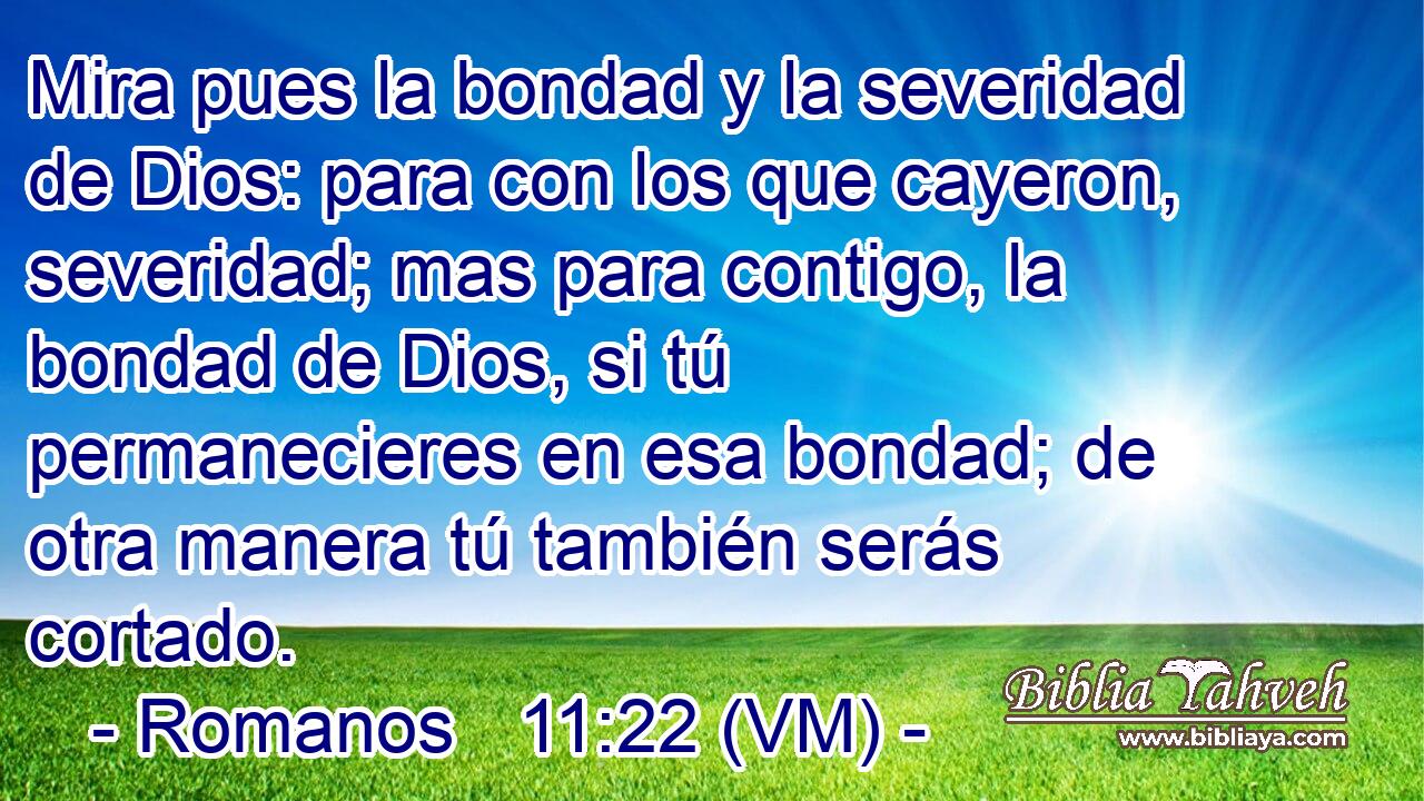  Mira pues la bondad y la severidad de Dios: para con los que cayeron, severidad; mas para contigo, la bondad de Dios, si tú permanecieres en esa bondad; de otra manera tú también serás cortado. 