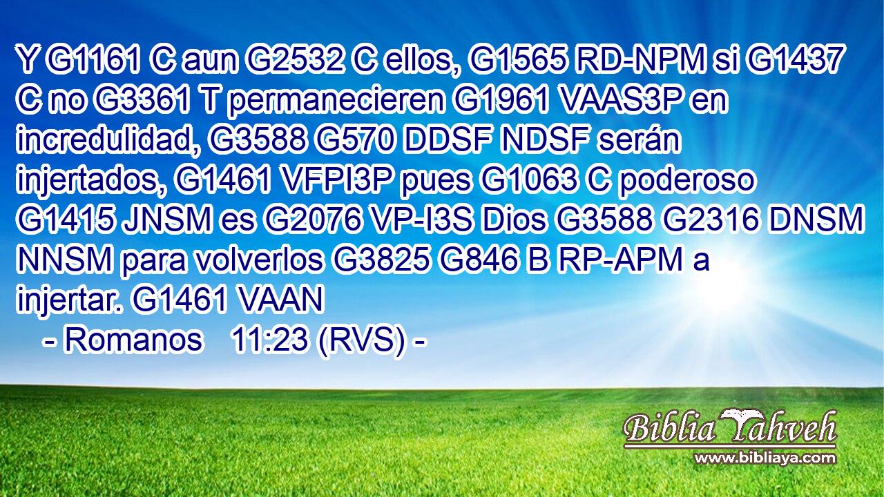 Y G1161 C aun G2532 C ellos, G1565 RD-NPM si G1437 C no G3361 T permanecieren G1961 VAAS3P en incredulidad, G3588 G570 DDSF NDSF serán injertados, G1461 VFPI3P pues G1063 C poderoso G1415 JNSM es G2076 VP-I3S Dios G3588 G2316 DNSM NNSM para volverlos G3825 G846 B RP-APM a injertar. G1461 VAAN 