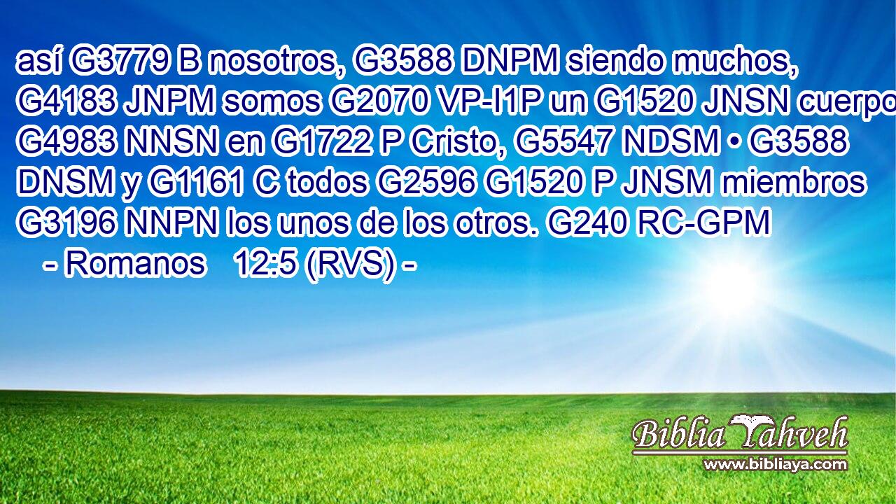 así G3779 B nosotros, G3588 DNPM siendo muchos, G4183 JNPM somos G2070 VP-I1P un G1520 JNSN cuerpo G4983 NNSN en G1722 P Cristo, G5547 NDSM • G3588 DNSM y G1161 C todos G2596 G1520 P JNSM miembros G3196 NNPN los unos de los otros. G240 RC-GPM 