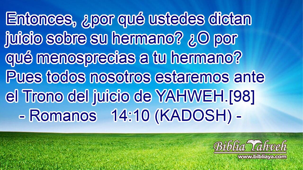  Entonces, ¿por qué ustedes dictan juicio sobre su hermano? ¿O por qué menosprecias a tu hermano? Pues todos nosotros estaremos ante el Trono del juicio de YAHWEH.[98] 